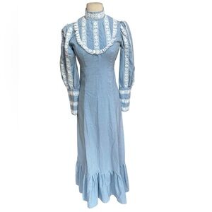 1970s Handmade Gunne Sax Style Cotton/Linen Blend w/Lace Trim Prairie Maxi Dress